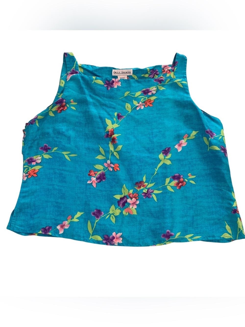 Vintage Emily Spencer 100% Silk Floral Tank Top Blue Pink Purple Green Size 16